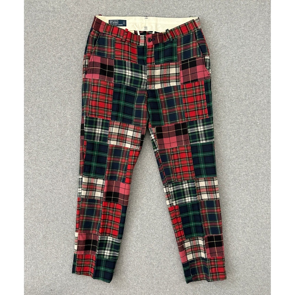 VTG Polo Ralph Lauren Patchwork Plaid Wool Trousers Mens 32x32 Red Green Tartan